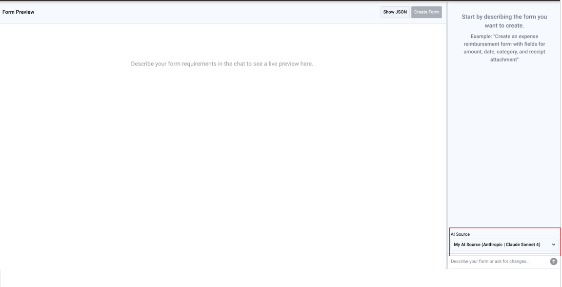 AI form generator page showing AI Source dropdown and description area
