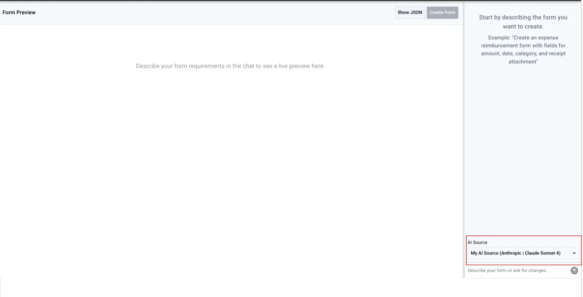 AI form generator page showing AI Source dropdown and description area