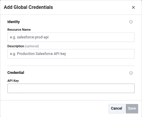 Add Global Credentials dialog opened from an OpenAI connection, showing an API Key field and no Credential Type field