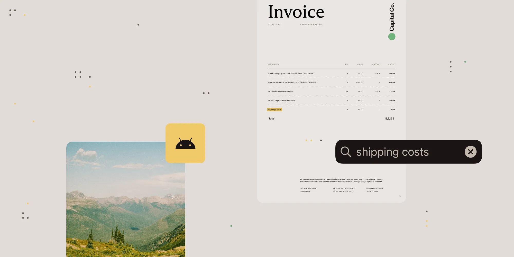 Android SDK full-text search demonstration showing two document thumbnails: a nature landscape photo with mountains and a yellow notification badge, and an invoice document. A dark search bar displaying 'shipping costs' with a clear button demonstrates the modernized search functionality across multiple document types