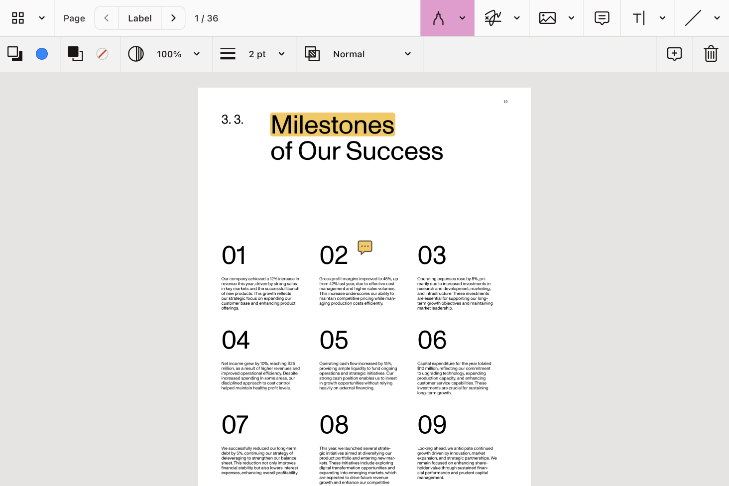 Document editing user interface with drawing tool activated