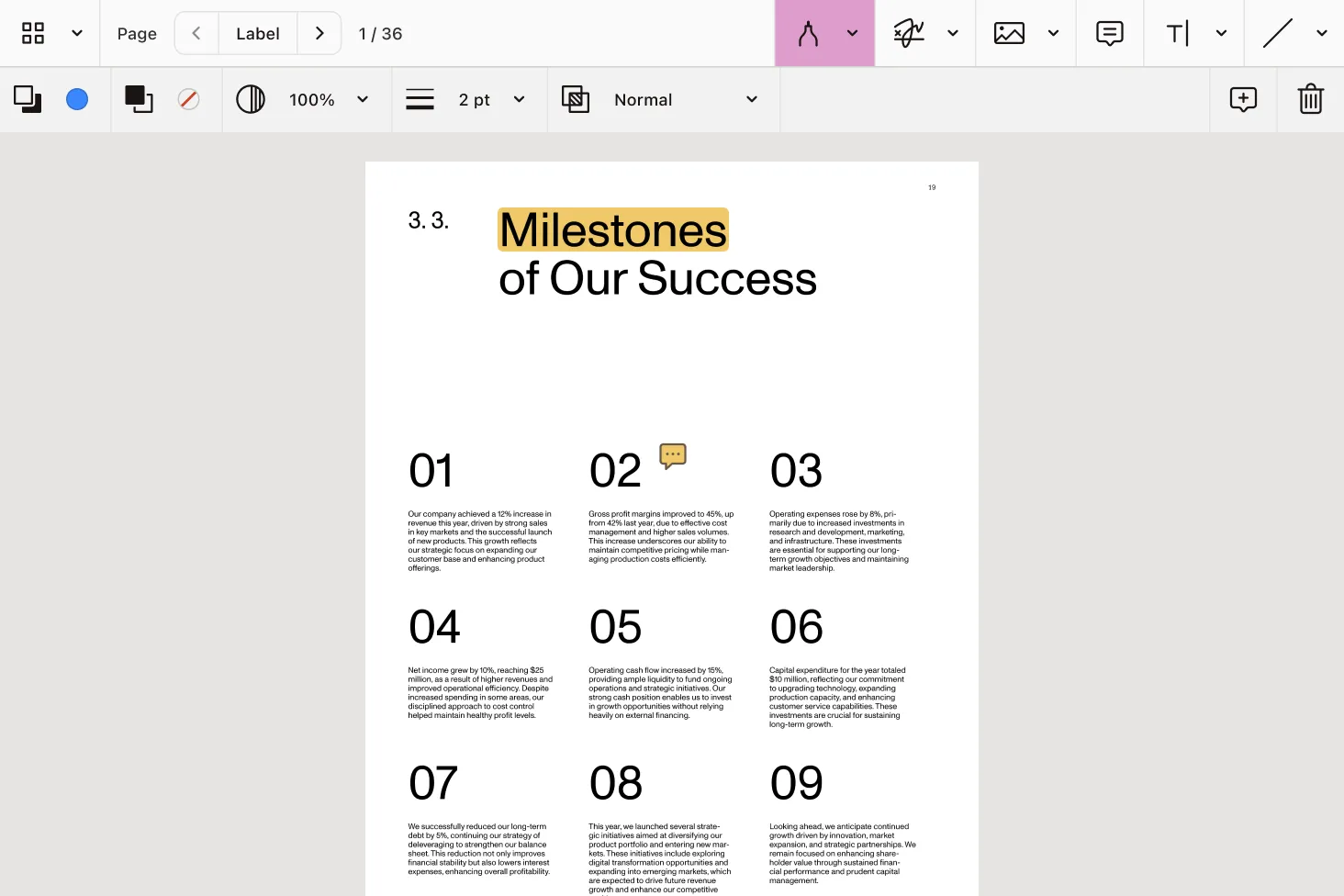 Document editing user interface with drawing tool activated