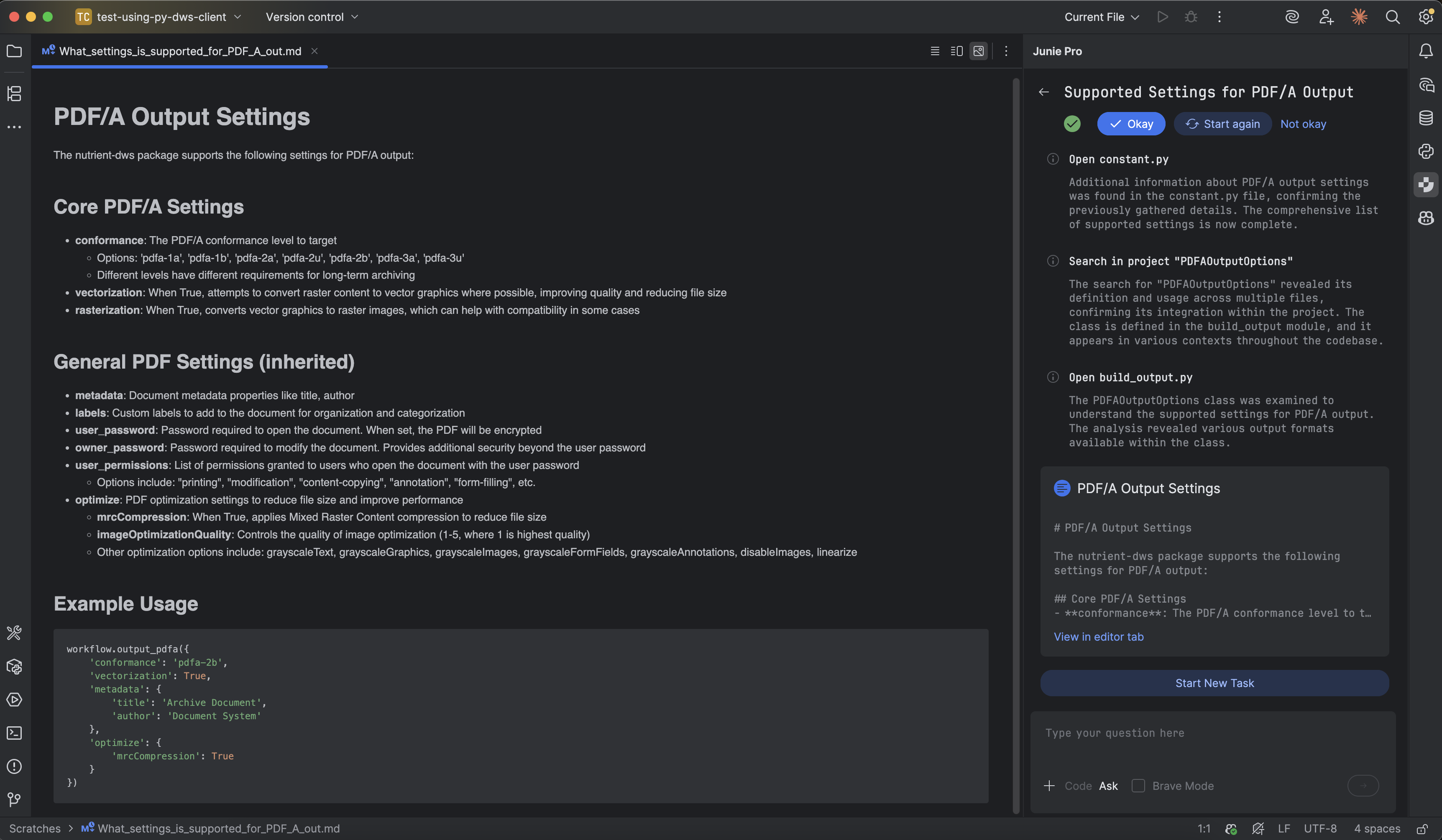 Junie answering questions about the SDK documentation