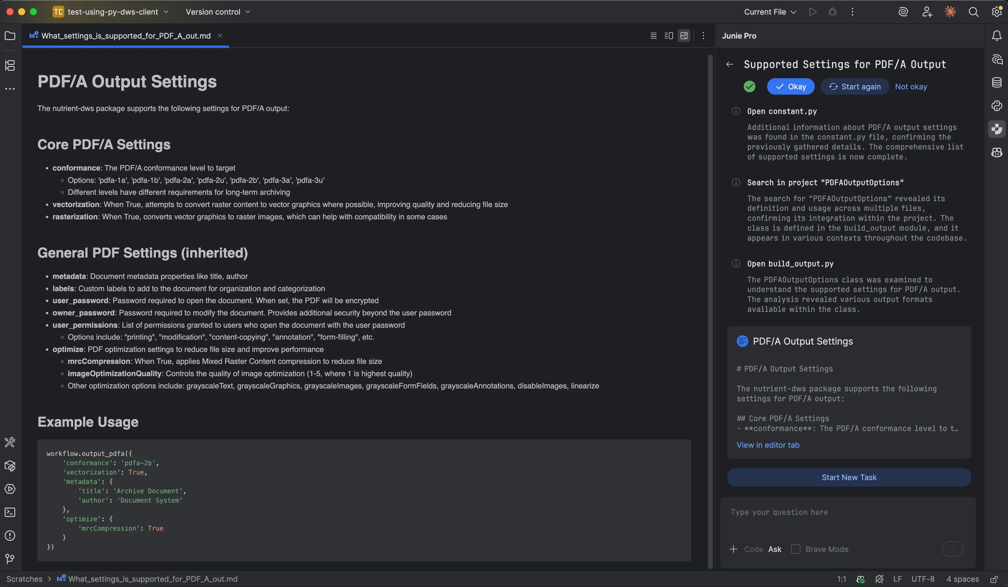 Junie answering questions about the SDK documentation