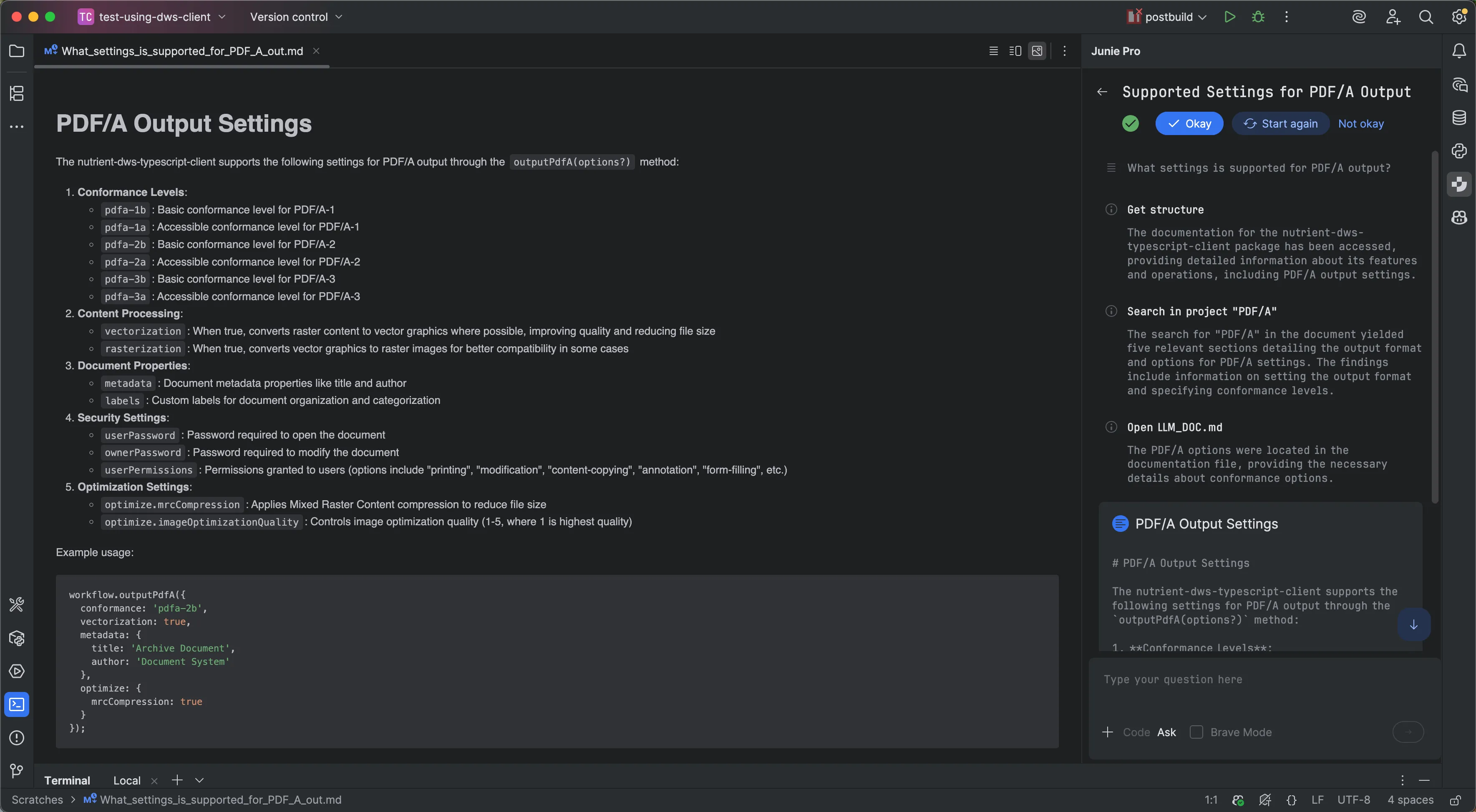 Junie answering questions about the SDK documentation