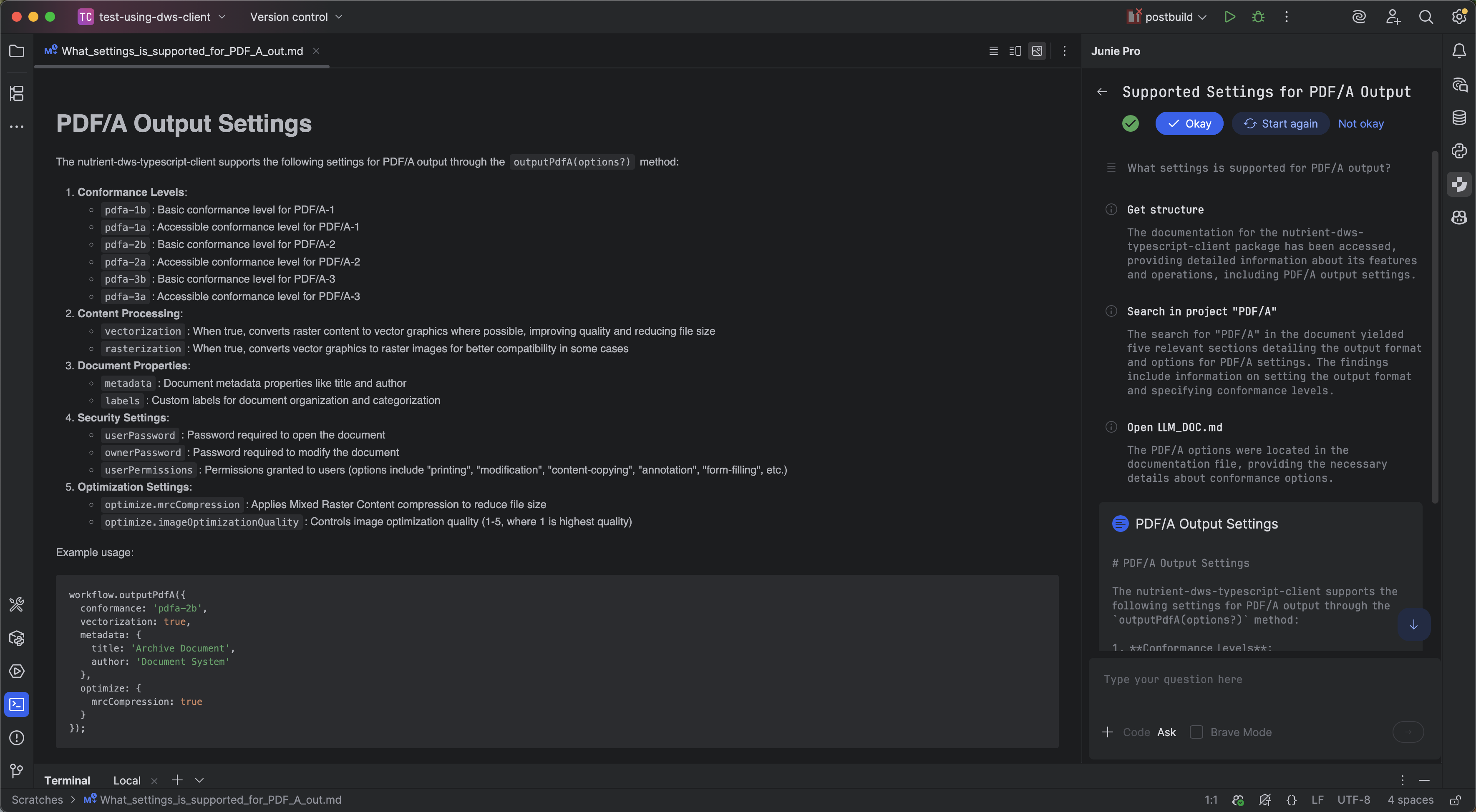 Junie answering questions about the SDK documentation