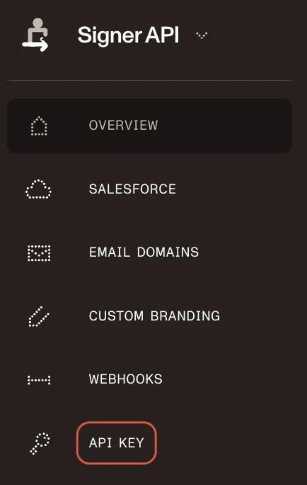 DWS Signer dashboard showing the API key tab in the left navigation panel