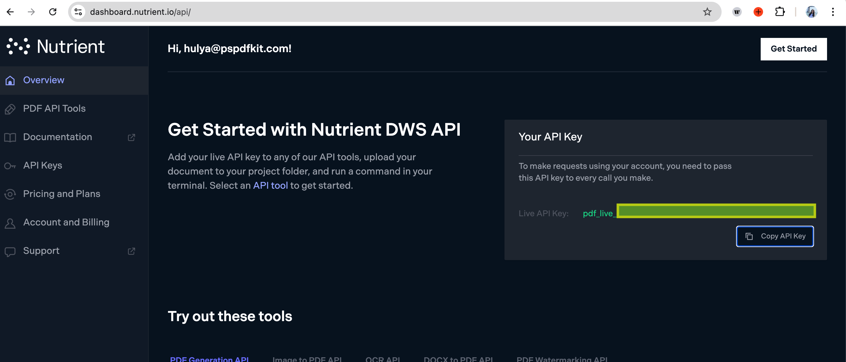 Locate and copy your API key from the Nutrient dashboard