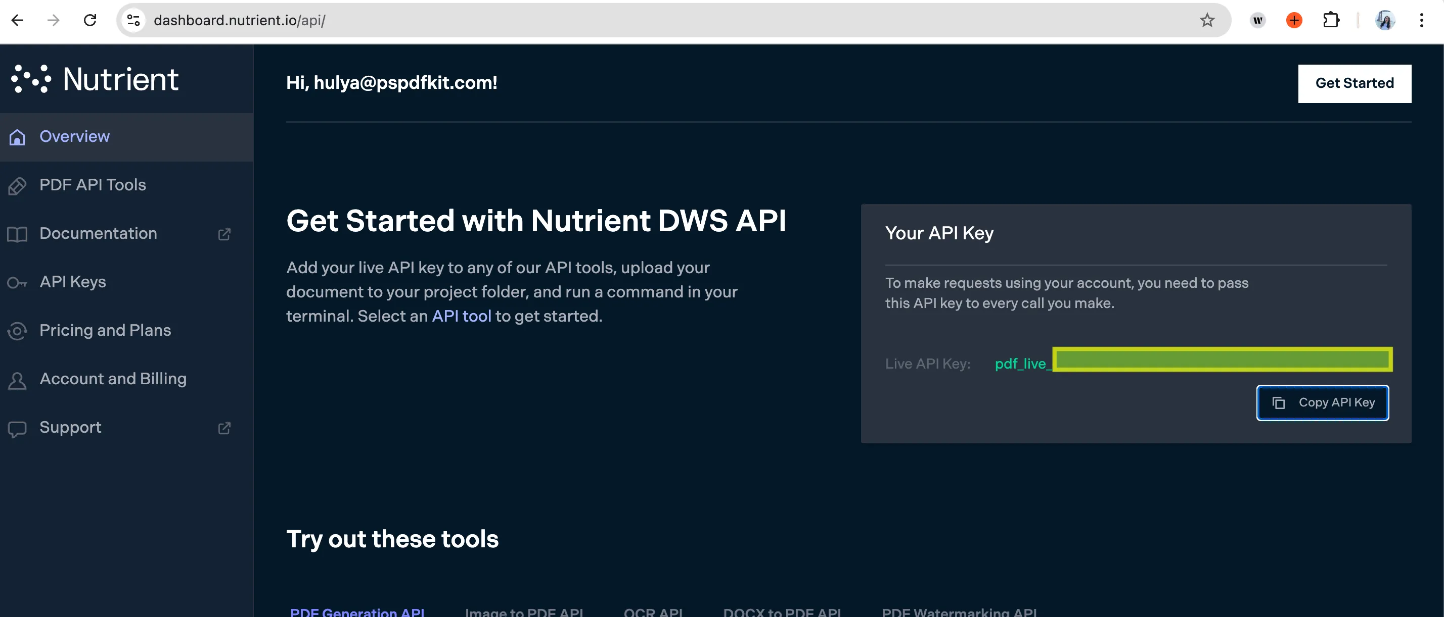 Find API key in Nutrient dashboard