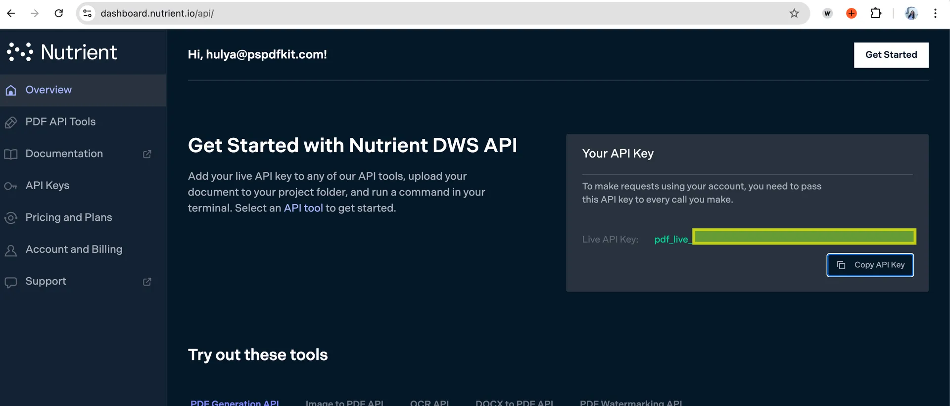 Locate and copy your API key from the Nutrient dashboard
