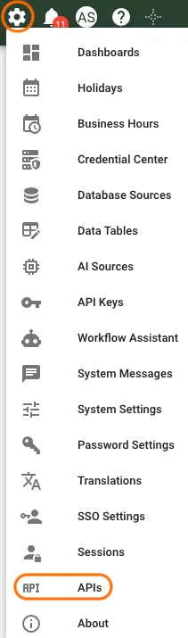 APIs option highlighted under Settings