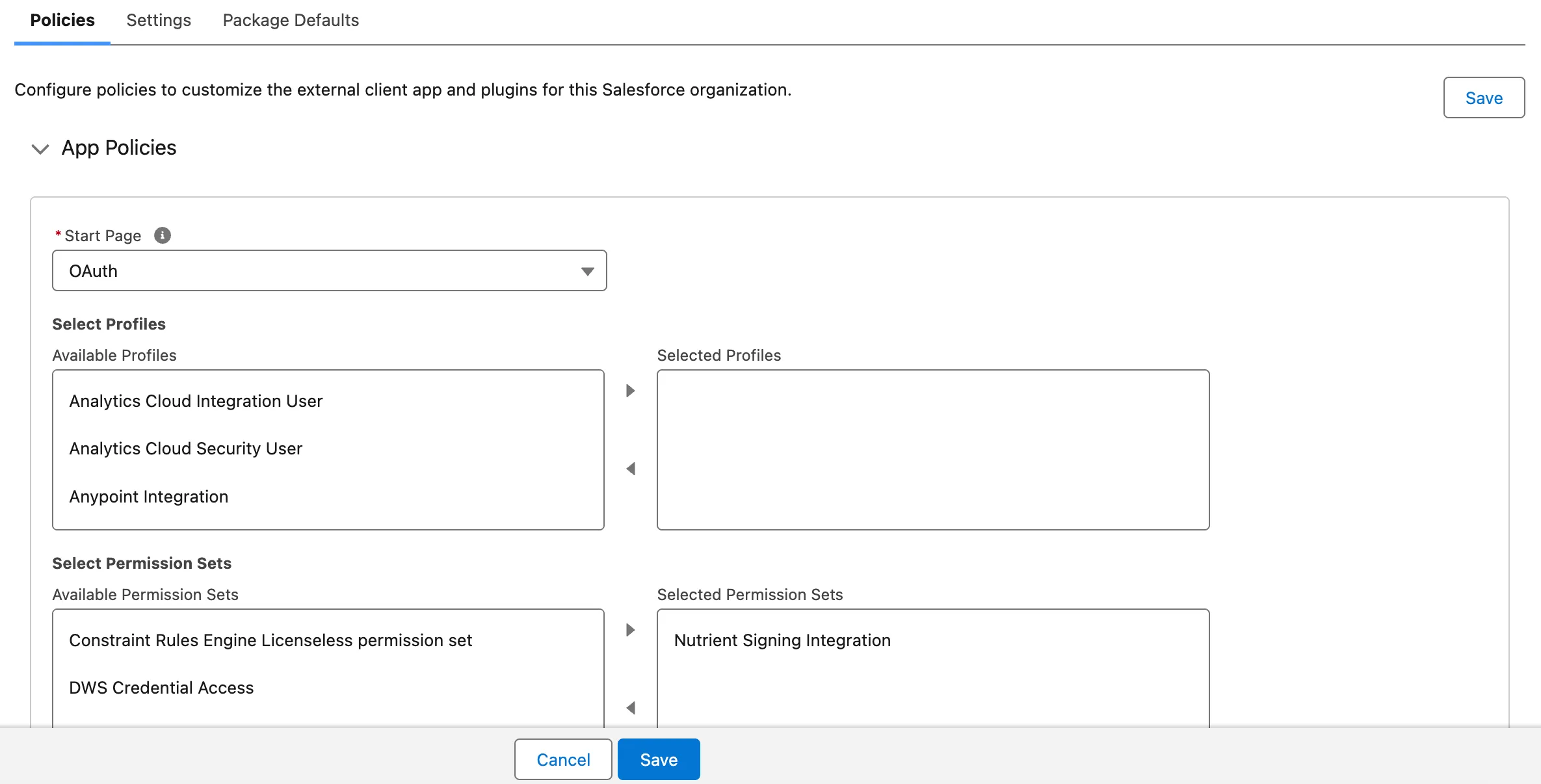 External Client App Policies screen showing the assigned permission set and start page settings