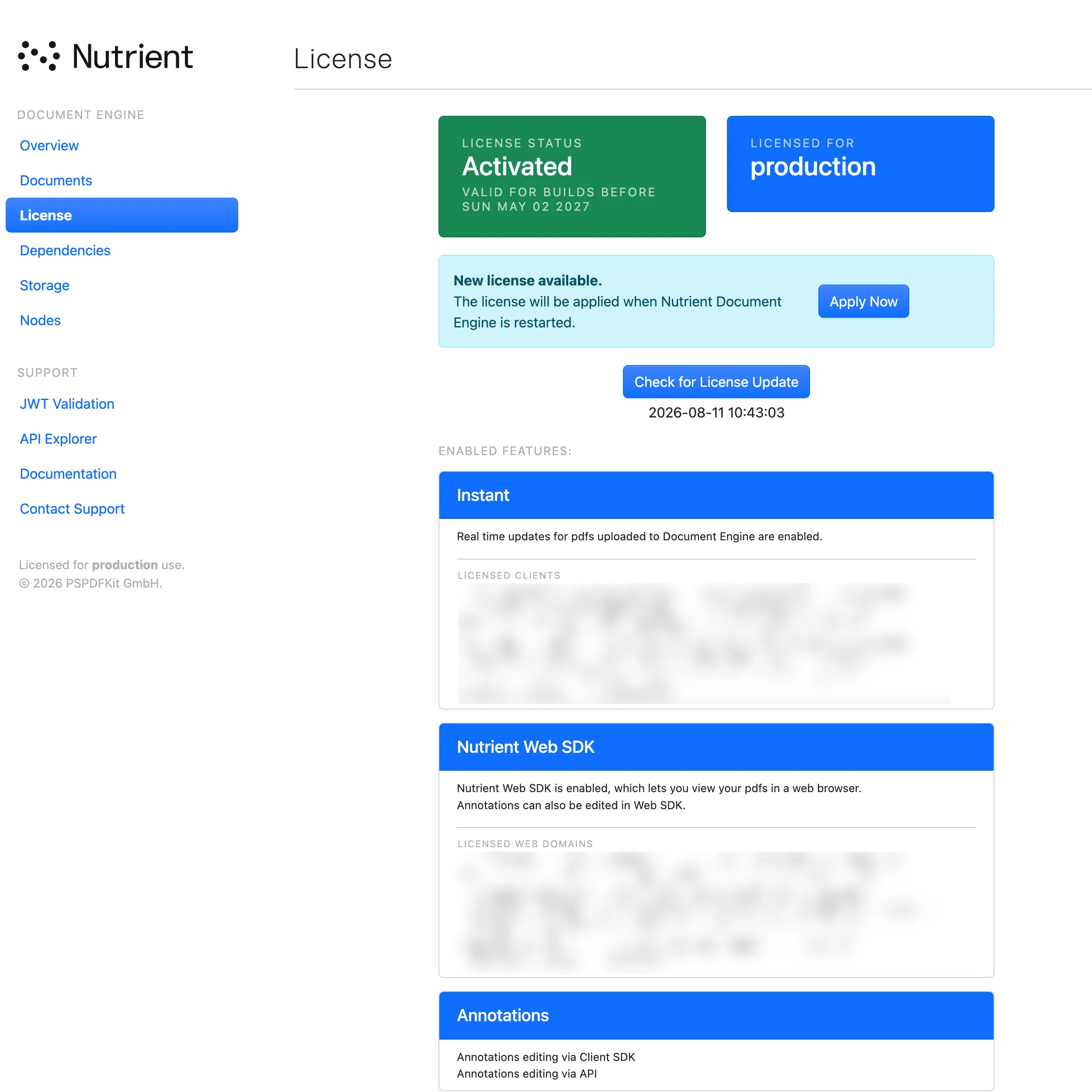 Document Engine dashboard license page with the Apply Now button visible.
