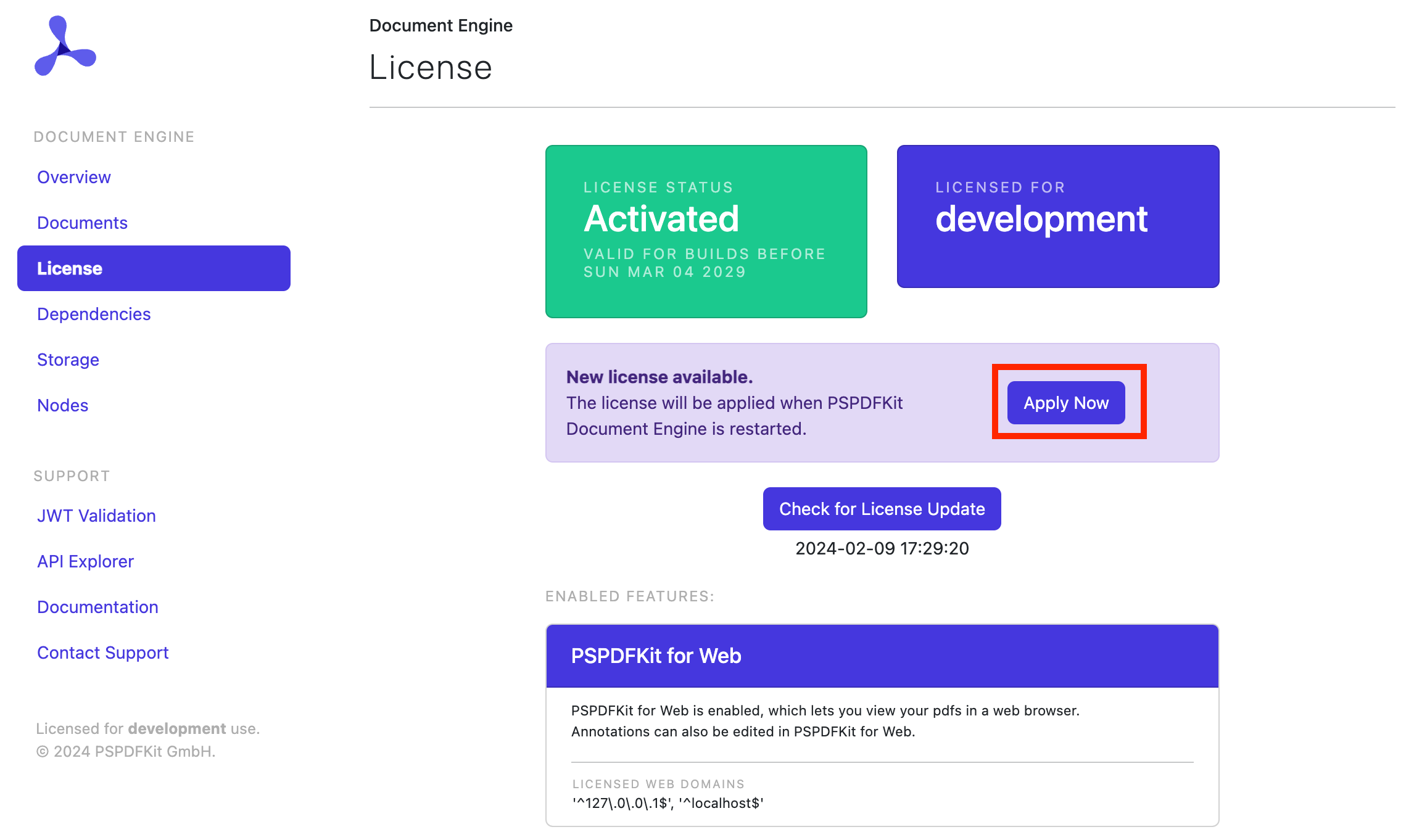 Document Engine dashboard license page with the Apply Now button visible.