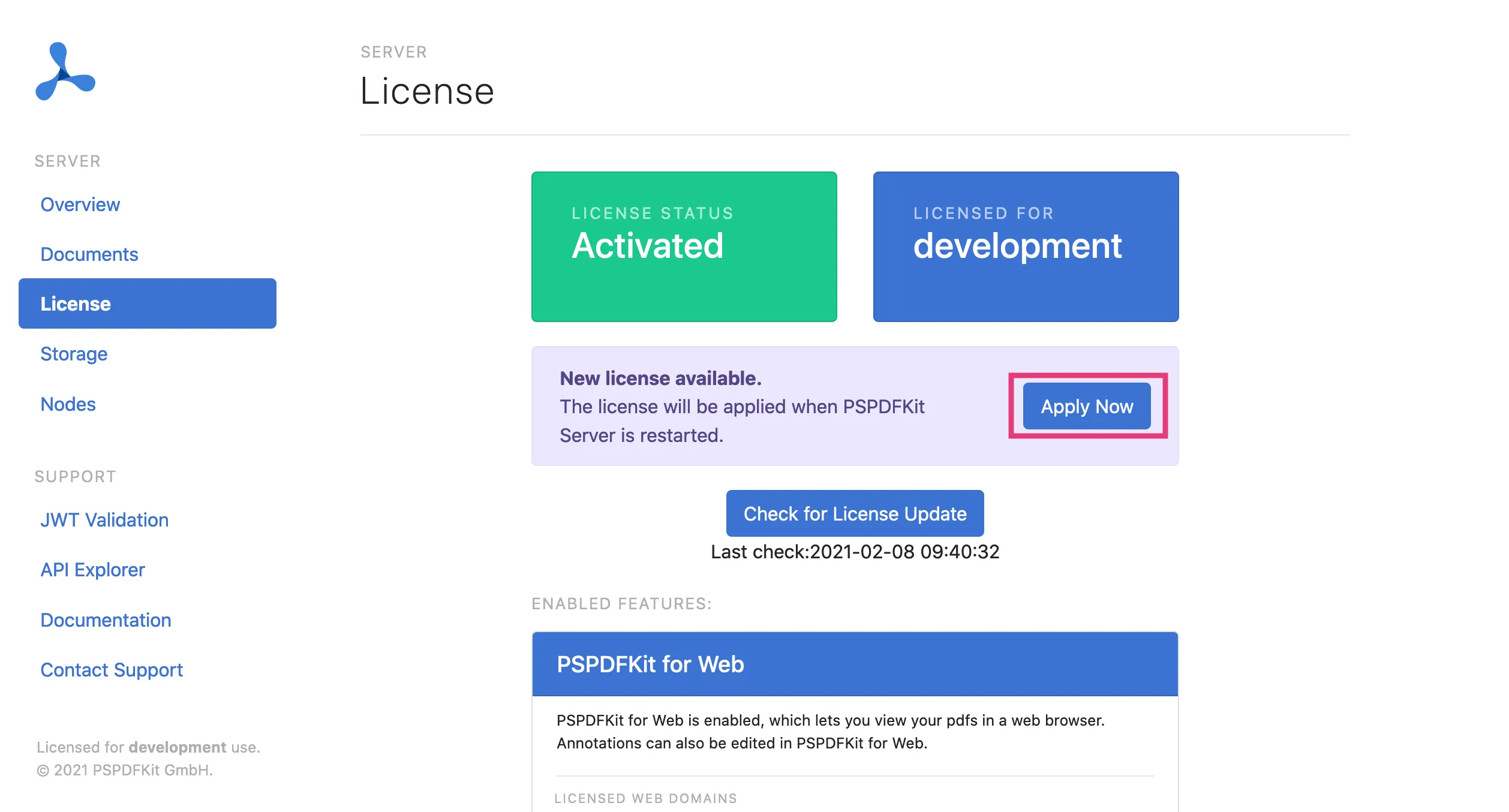 PSPDFKit Server dashboard license page with the Apply Now button visible.