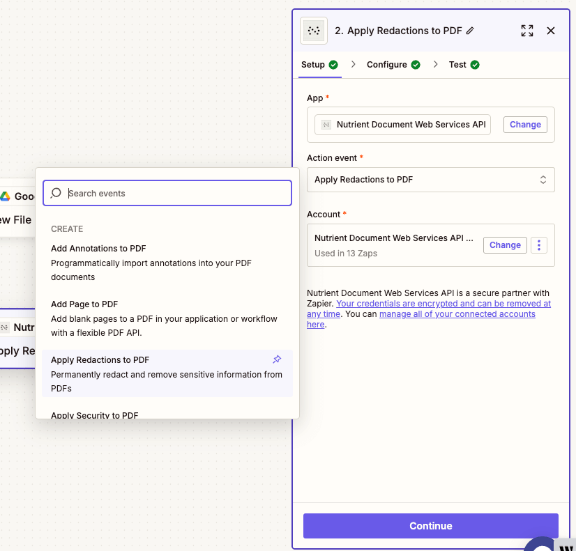 Choose 'Apply Redactions to PDF' as the action event