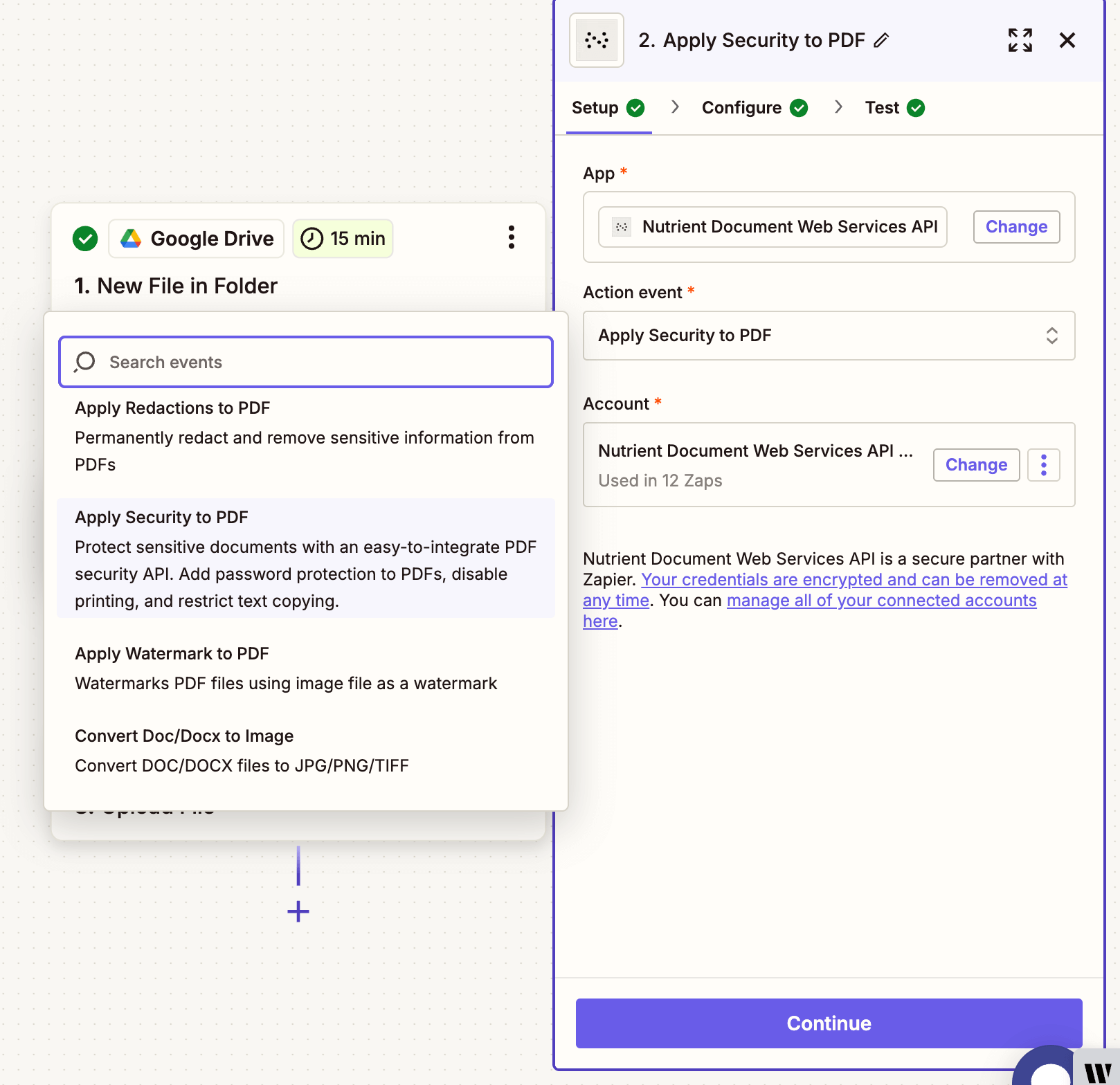 Choose 'Apply Security to PDF' as the action event in Zapier