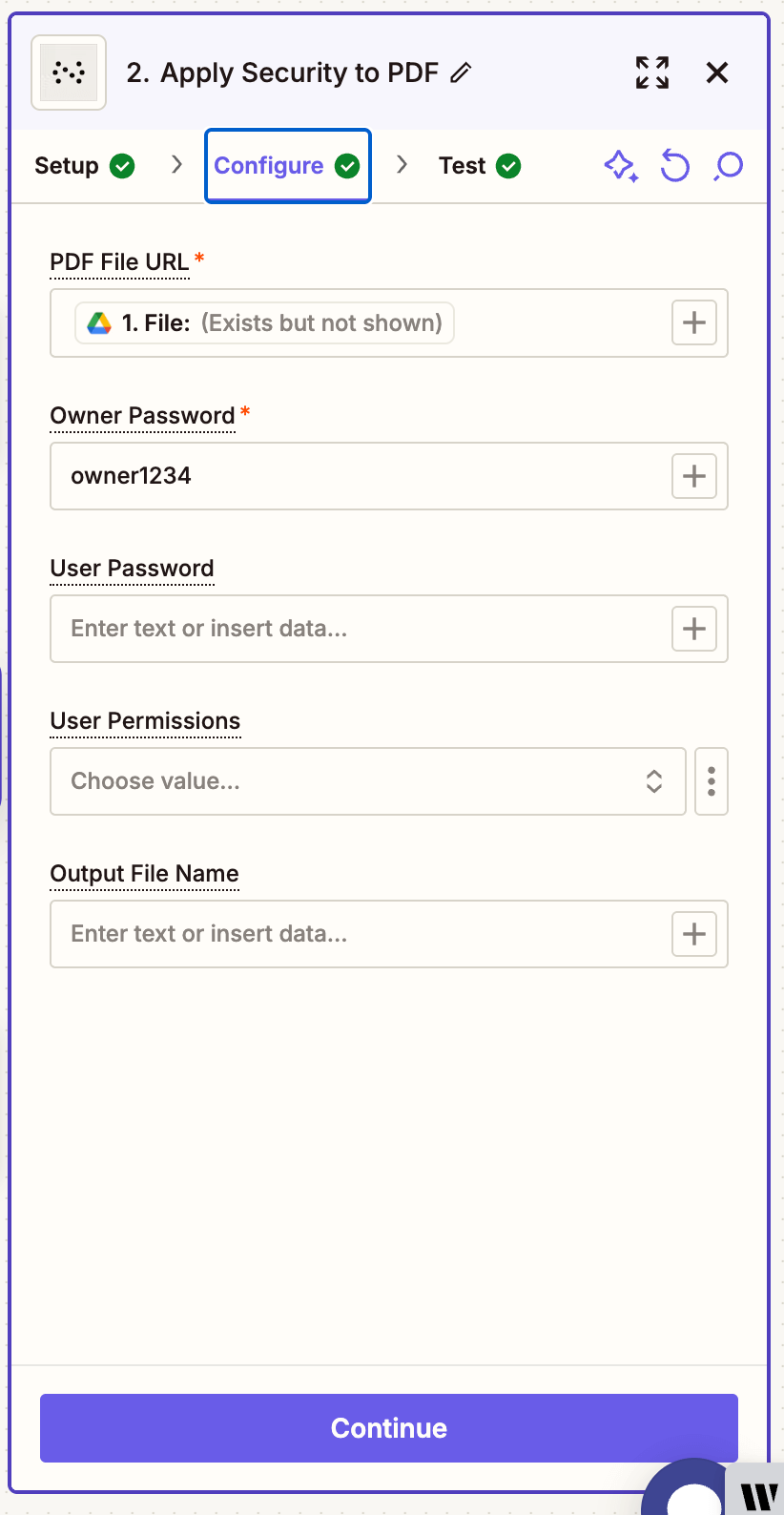 Map the PDF file URL, owner/user passwords, permissions, and output file name for the security action