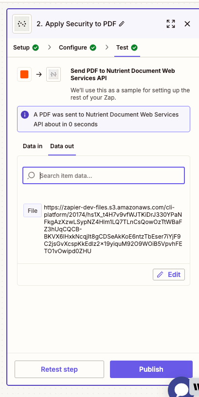 Test the security action to confirm the PDF is password-protected and permission-restricted