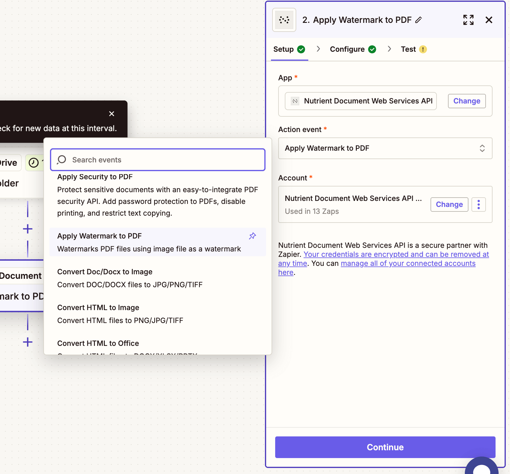 Choose the 'Apply Watermark to PDF' action from the list