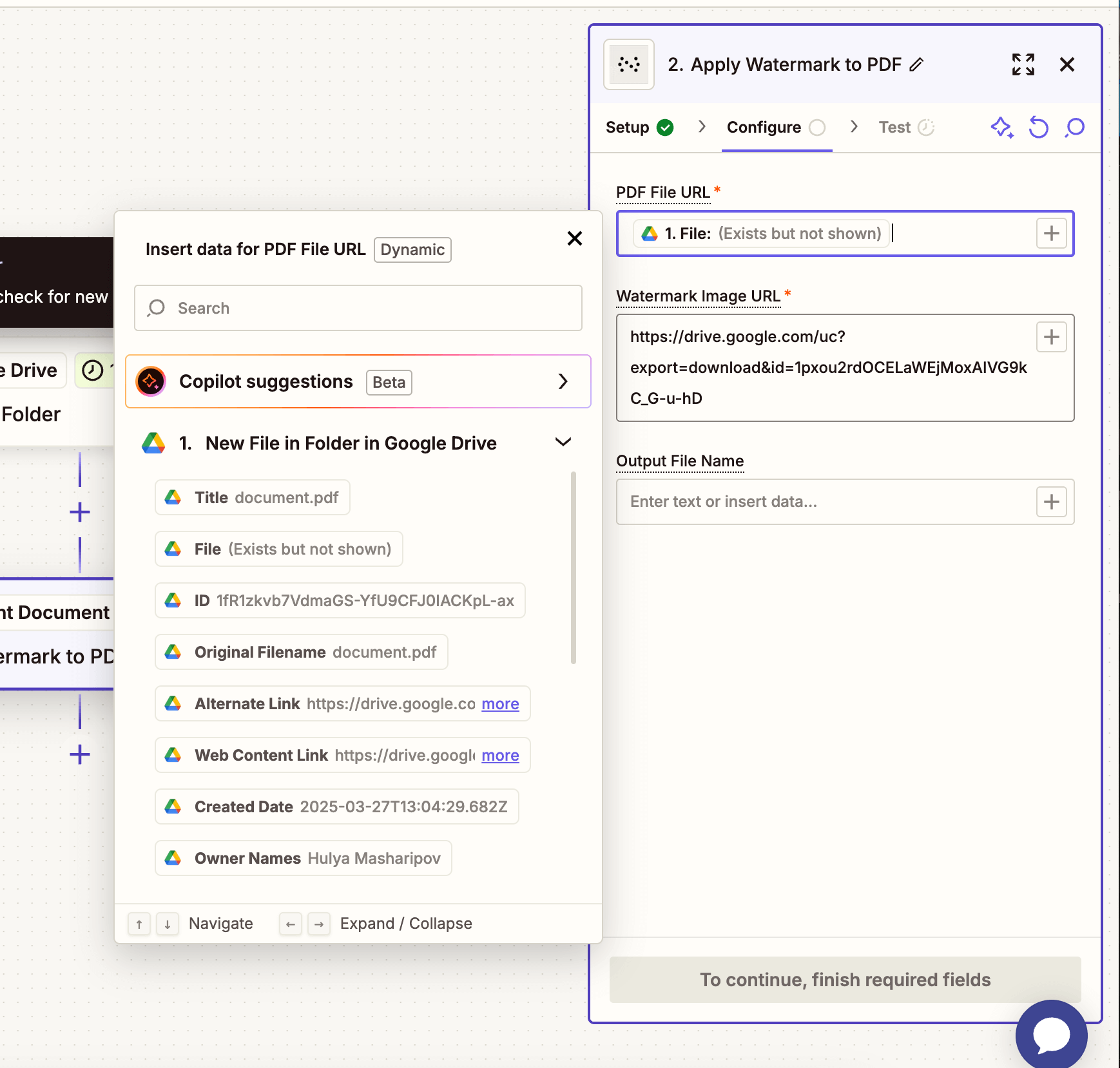 Configure the action: map the PDF file URL, watermark image URL, and output file name