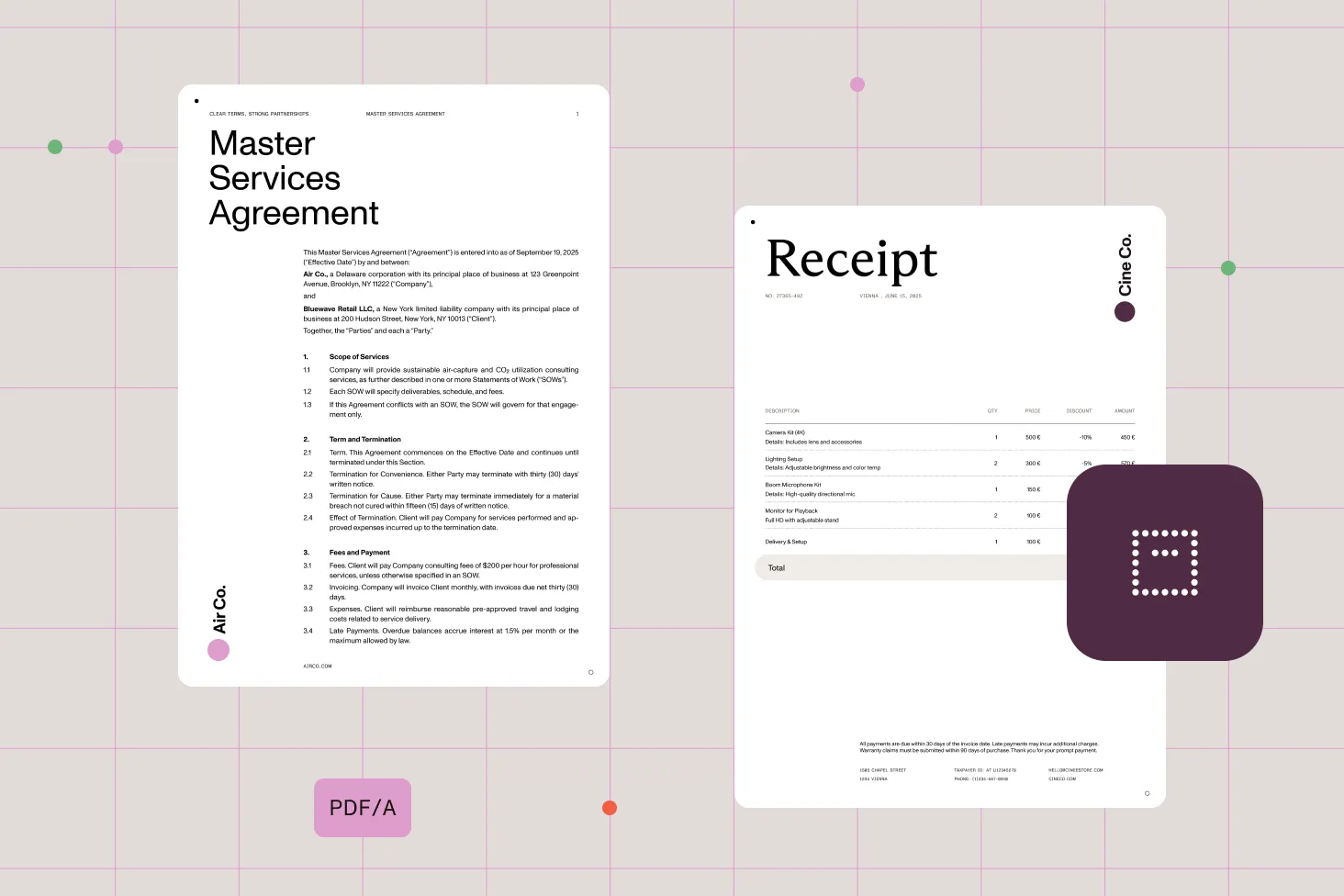 Illustration of two documents converted into PDF/A format
