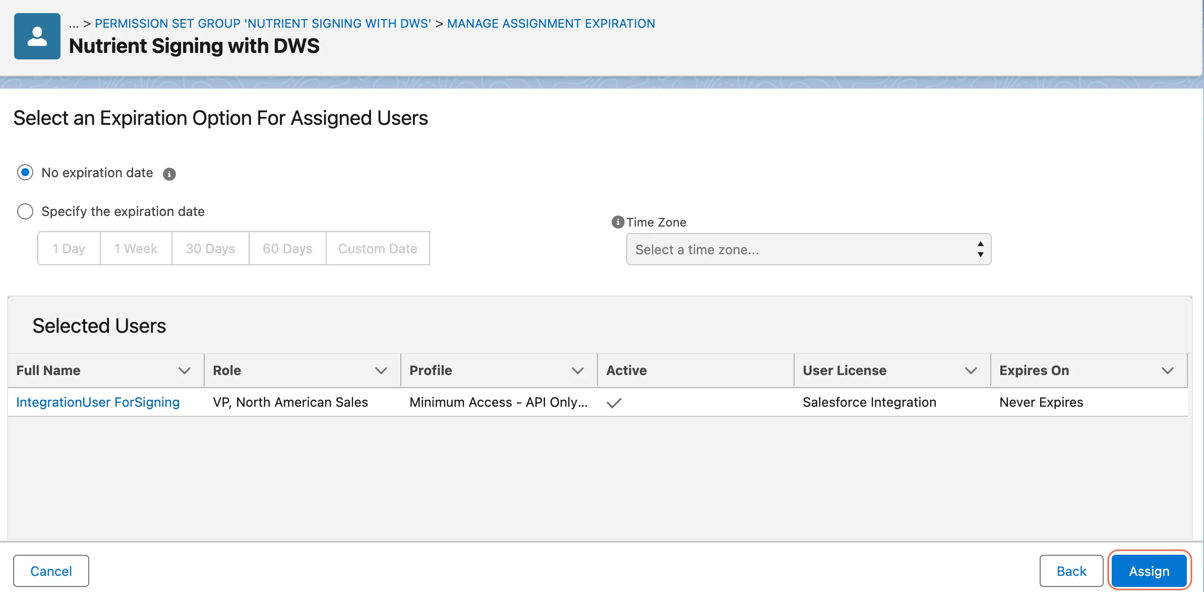 Assignment confirmation page showing the Assign button