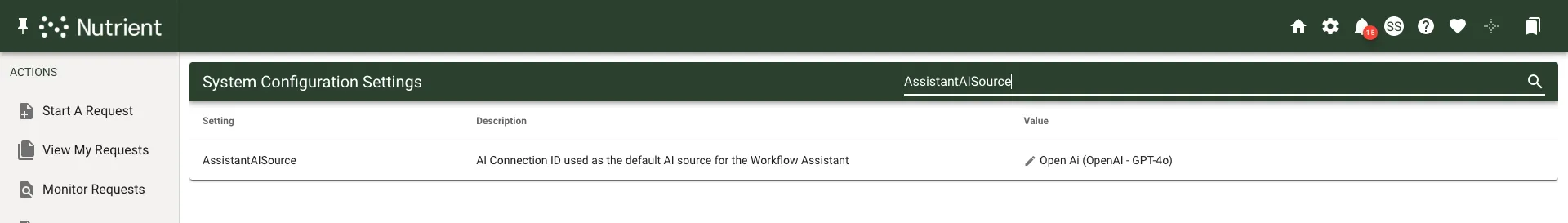 The AssistantAISource row on the System Configuration Settings page, with an AI connection selected as the assistant’s source