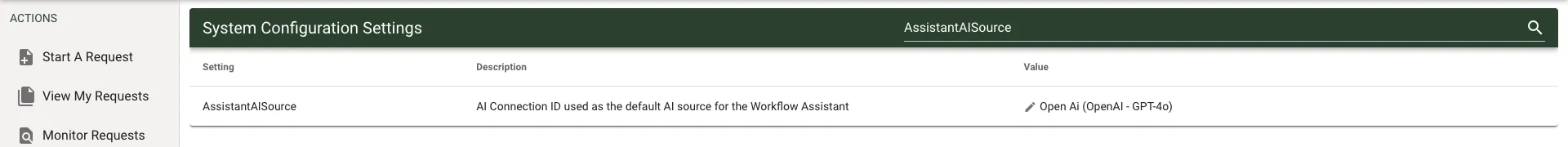 The AssistantAISource row on the System Configuration Settings page, with an AI connection selected as the assistant’s source