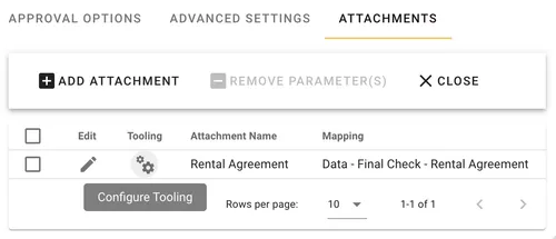 Attachments tab interface for adding and configuring file attachments