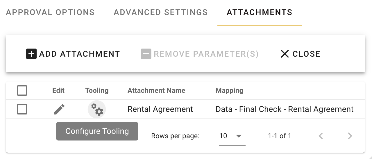 Attachments tab interface for adding and configuring file attachments