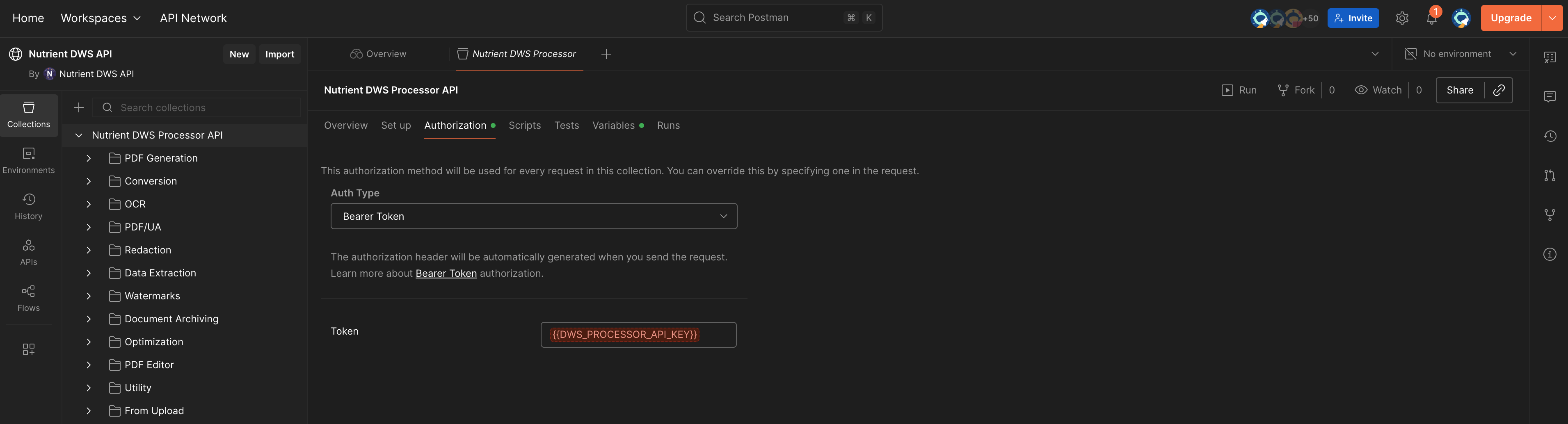 Screen capture of the Postman window with the Authorization section open