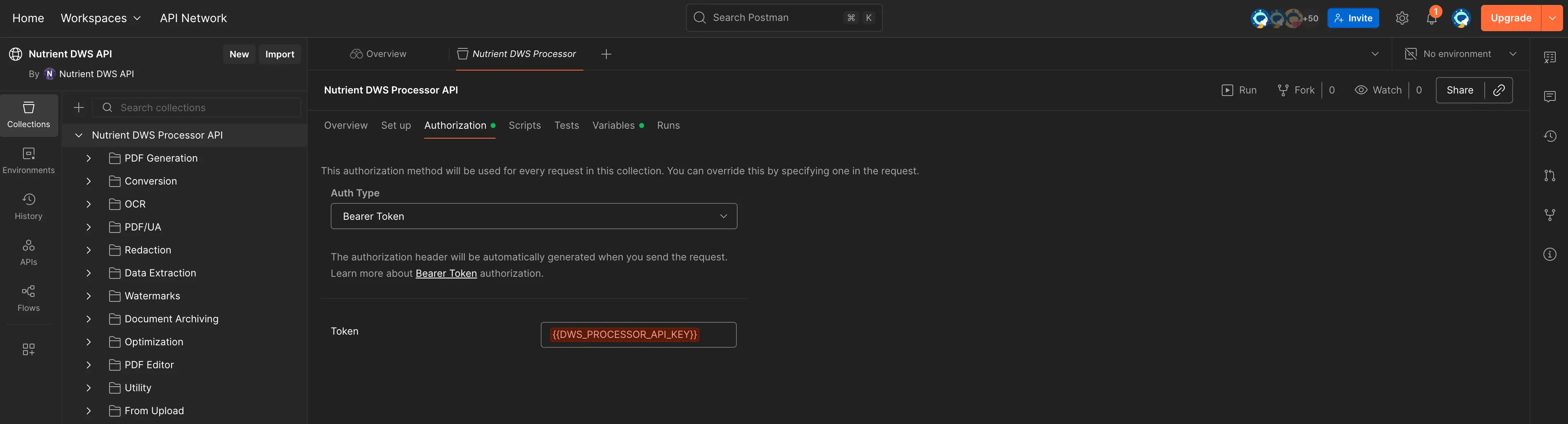 Screen capture of the Postman window with the Authorization section open