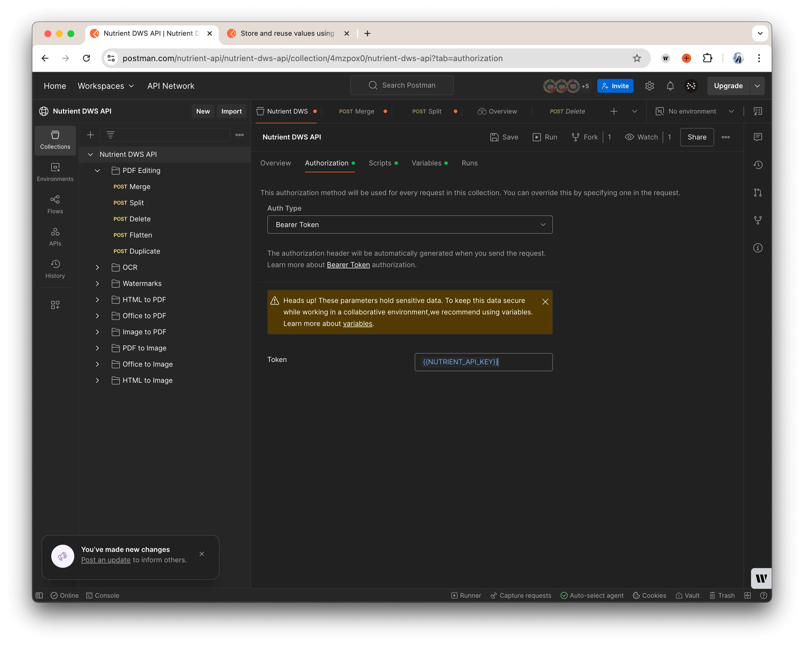 Screenshot of the Authorization tab in Postman with Bearer Token selected and the NUTRIENT_API_KEY variable entered in the Token field