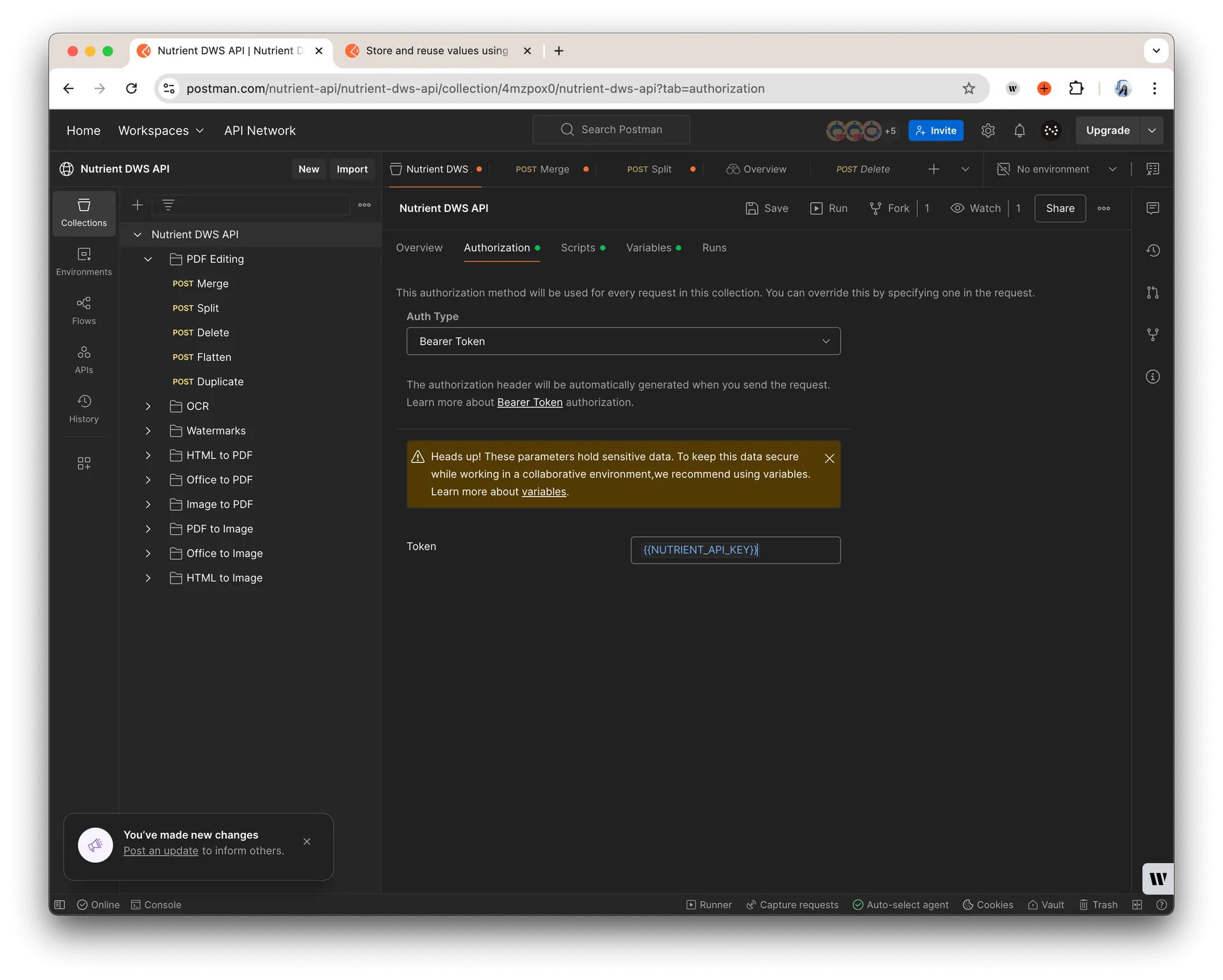 Screenshot of the Authorization tab in Postman with Bearer Token selected and the NUTRIENT_API_KEY variable entered in the Token field