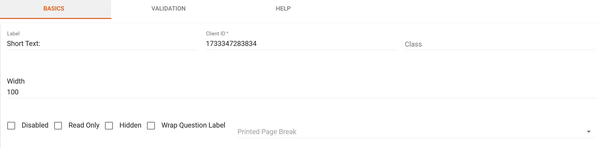 Basics tab with Label field and Disabled, Read Only, Hidden checkboxes