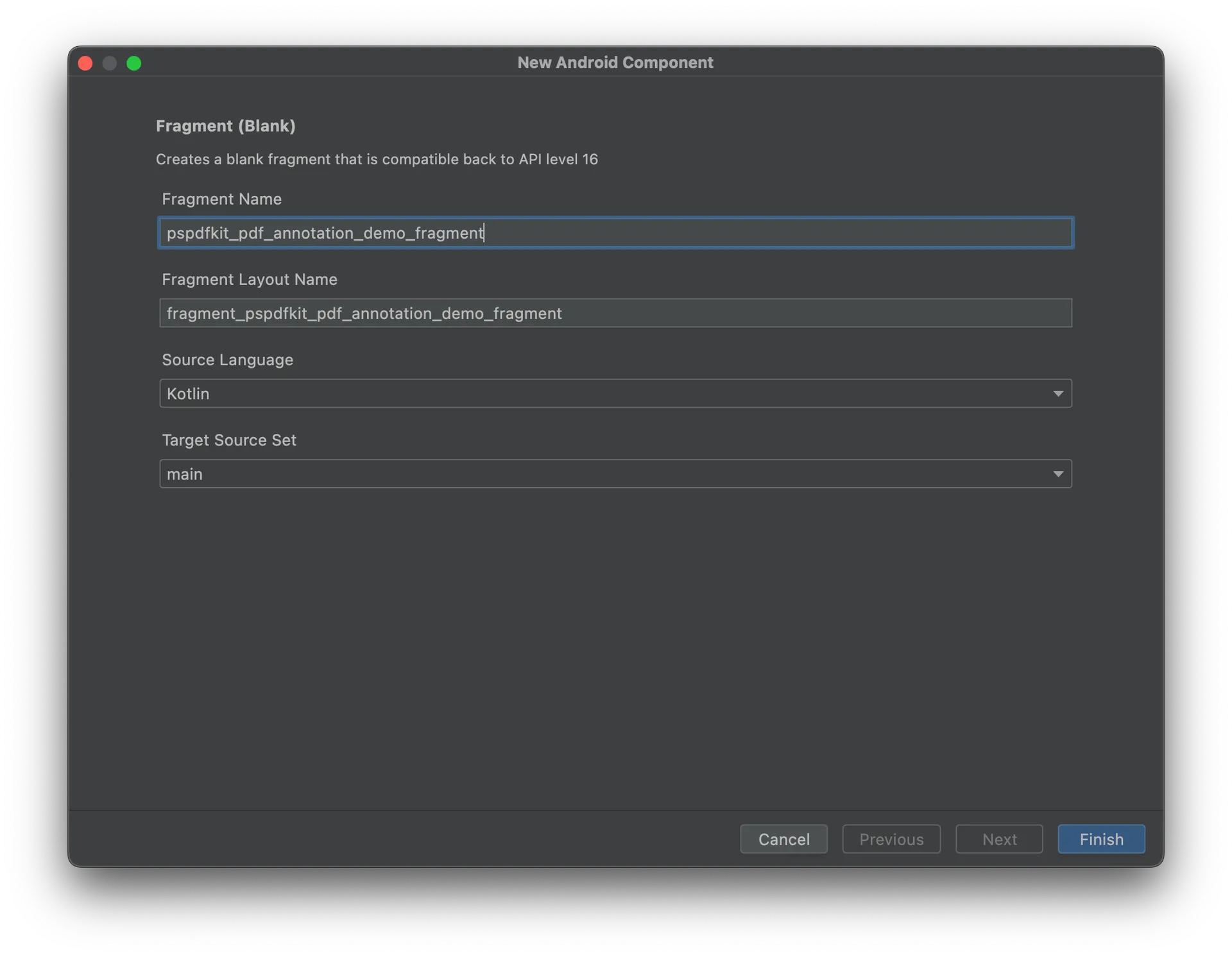 Image showing the Android studio’s UI for naming the fragment