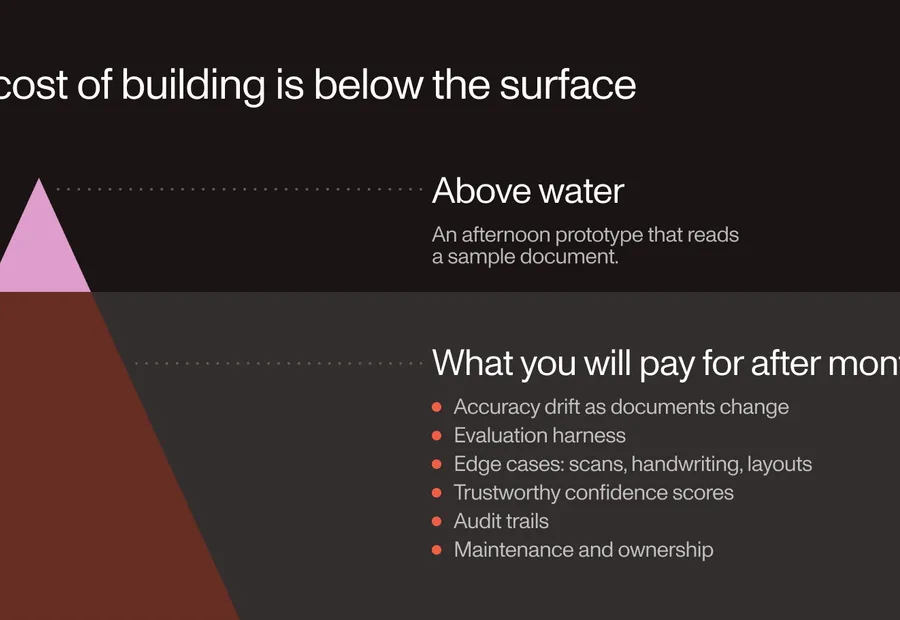 Iceberg diagram: above the waterline, an afternoon prototype that reads a sample document; below the waterline, the costs that appear after month one — accuracy drift, evaluation harness, edge cases (scans, handwriting, layouts), trustworthy confidence scores, audit trails, and maintenance and ownership.
