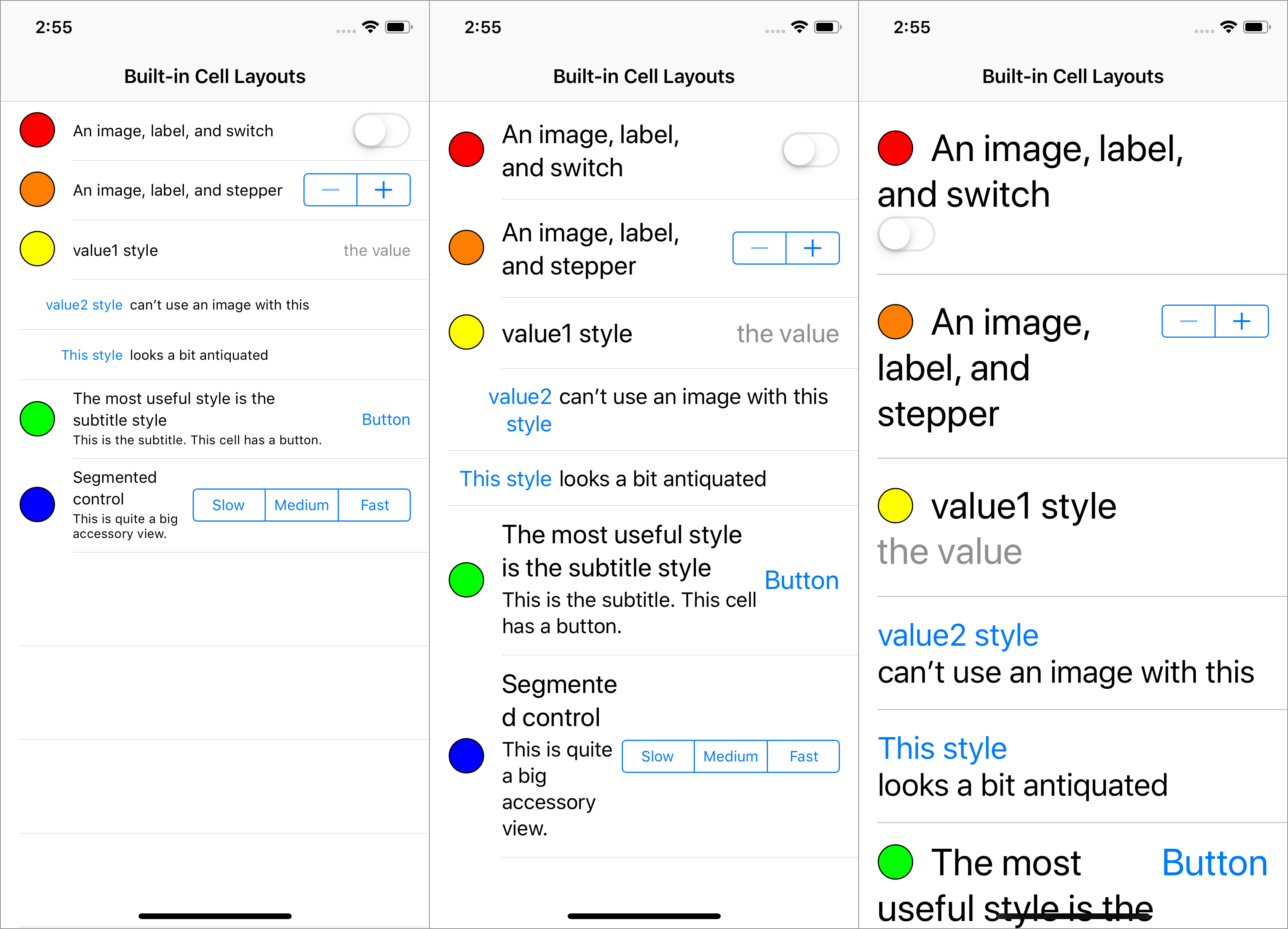 Screenshots of built-in cell styles. With larger text sizes, the text wraps onto more lines. A switch is shown in one cell. It appears at the bottom of the cell at large text sizes.
