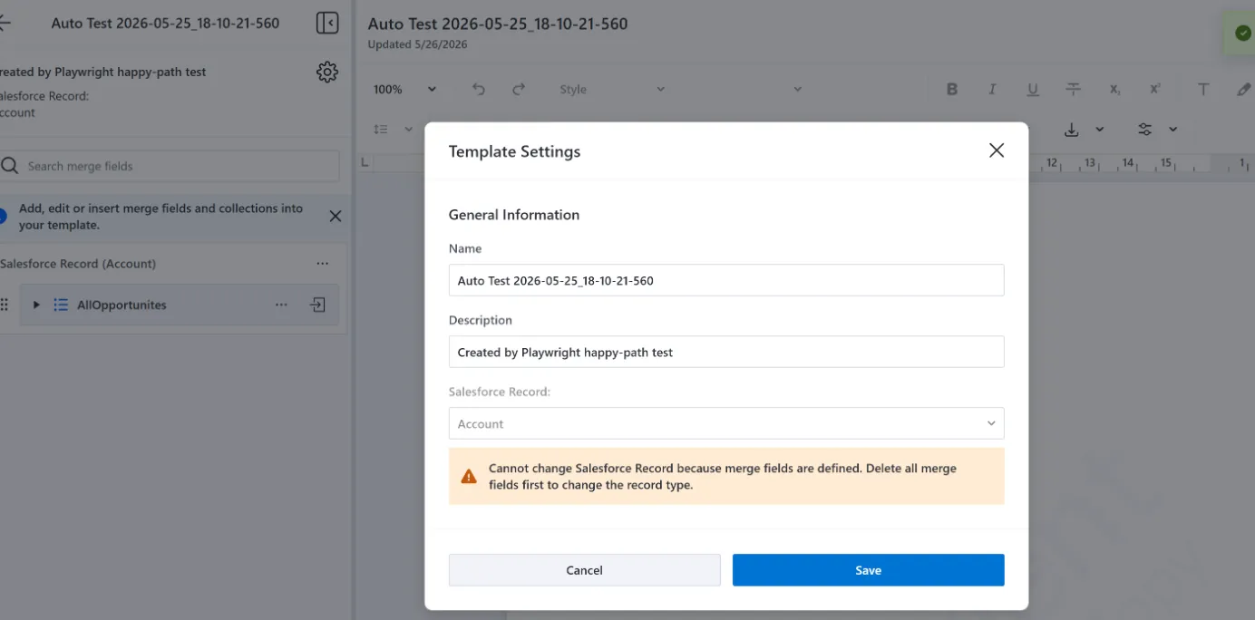 Template Settings dialog in Salesforce showing the Salesforce record cannot be changed because merge fields are defined