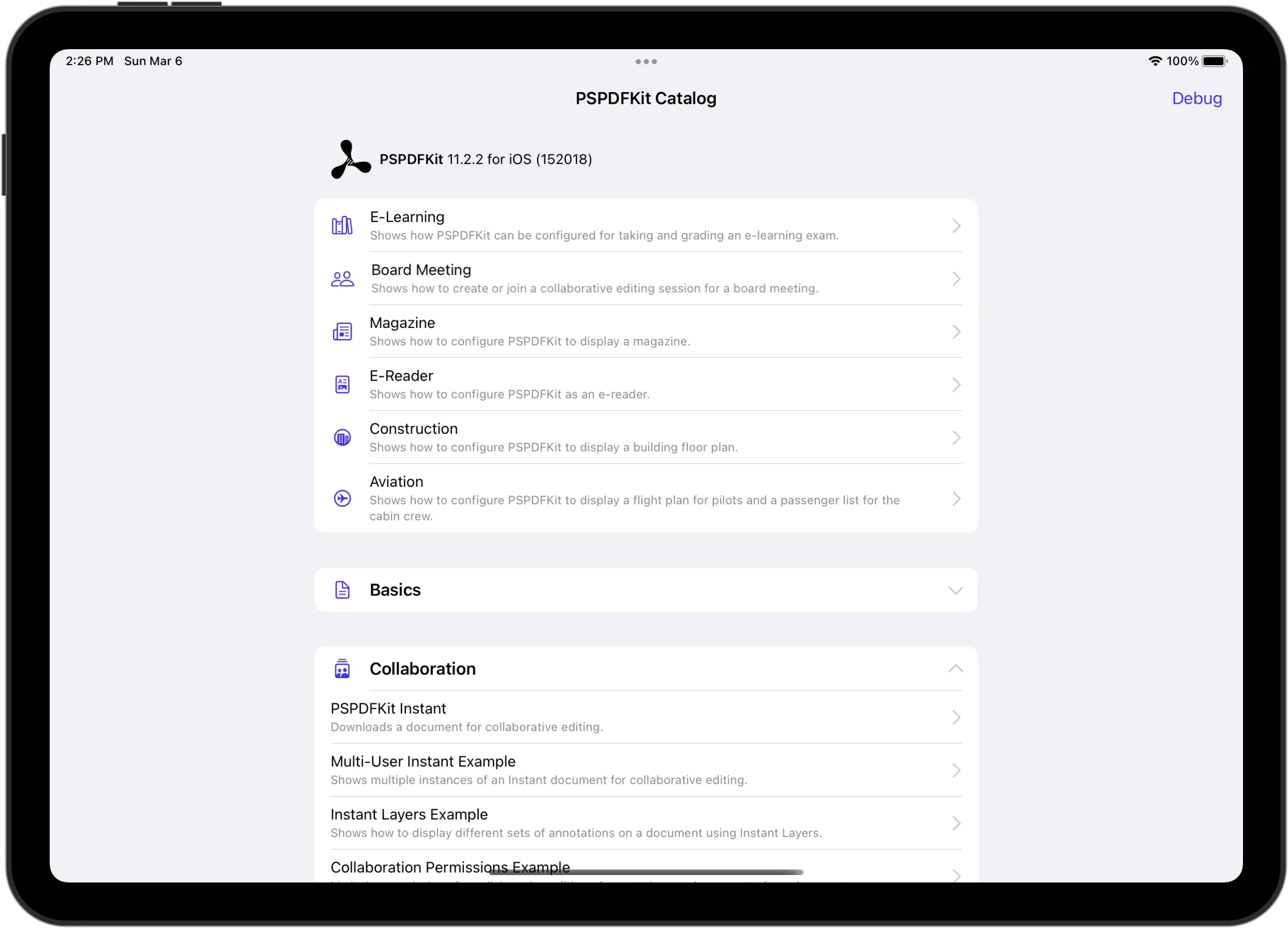 Image of iPad showing the PSPDFKit Catalog