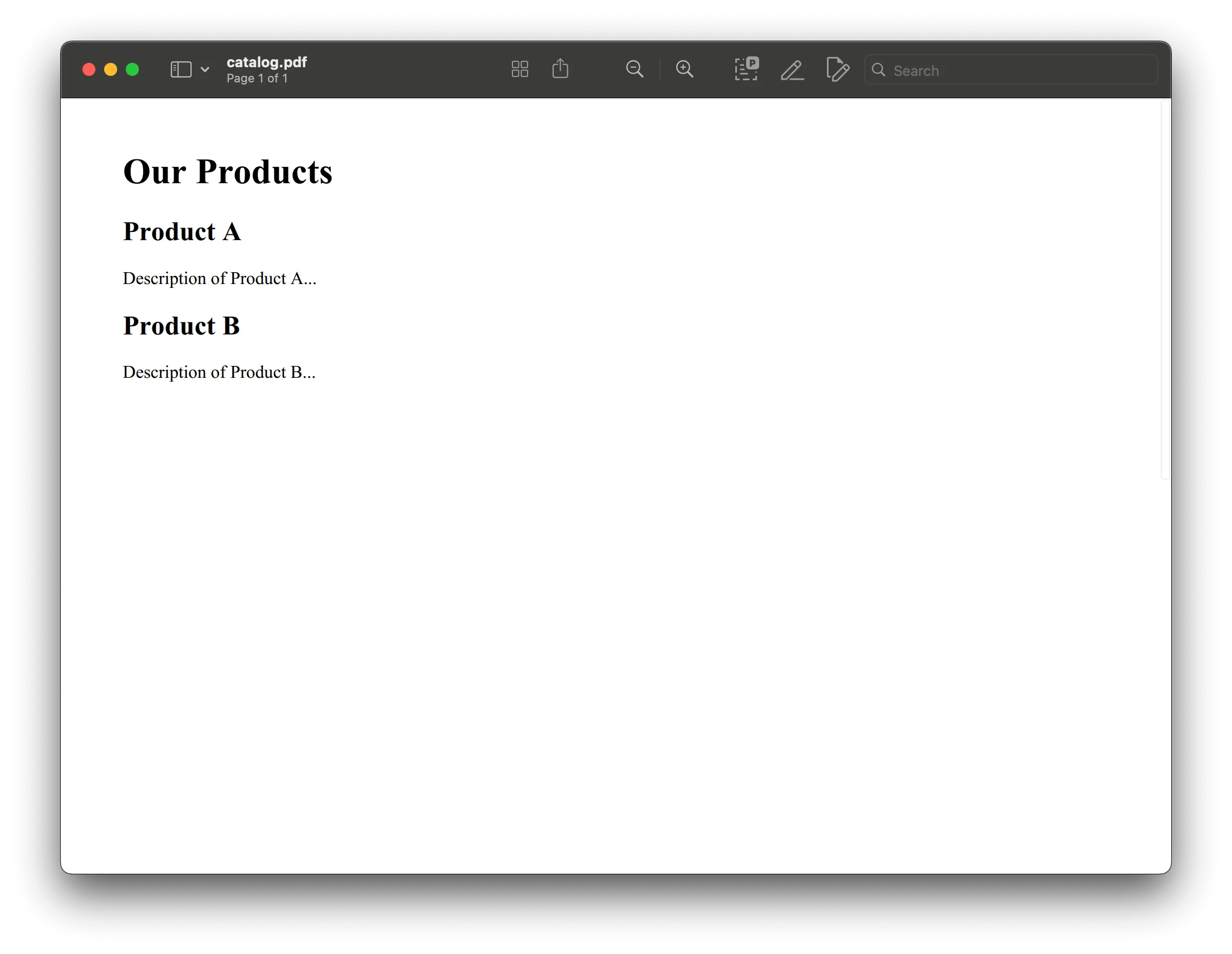 Product catalog rendered as PDF from HTML