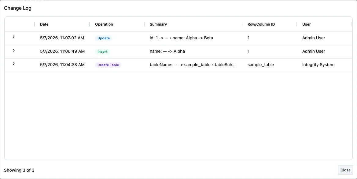 Change Log dialog with paginated entries