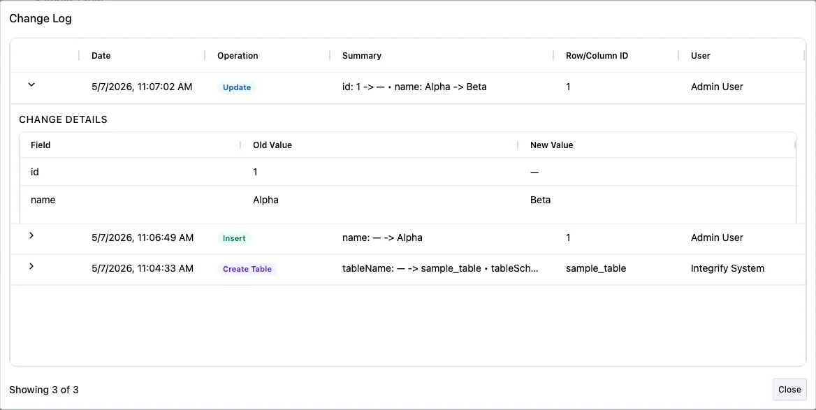 Expanded change log entry with Field, Old Value, and New Value columns