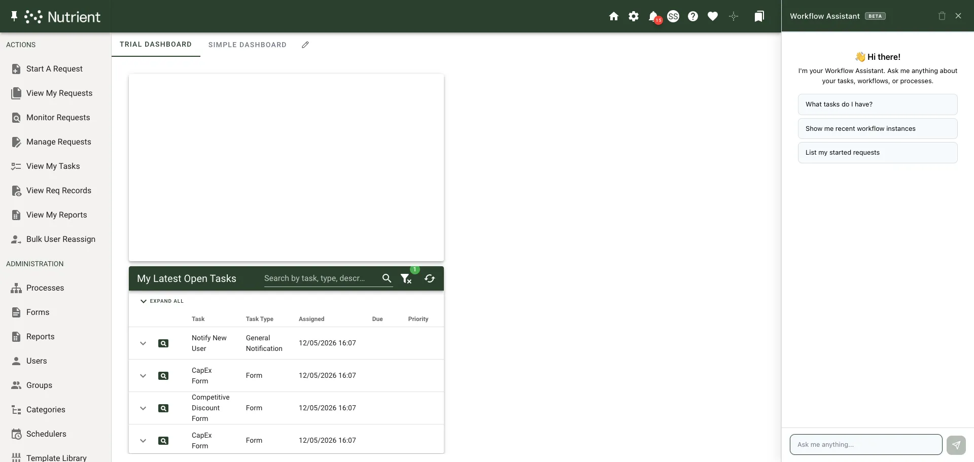 AI assistant chat sidebar showing the welcome message and starter prompts
