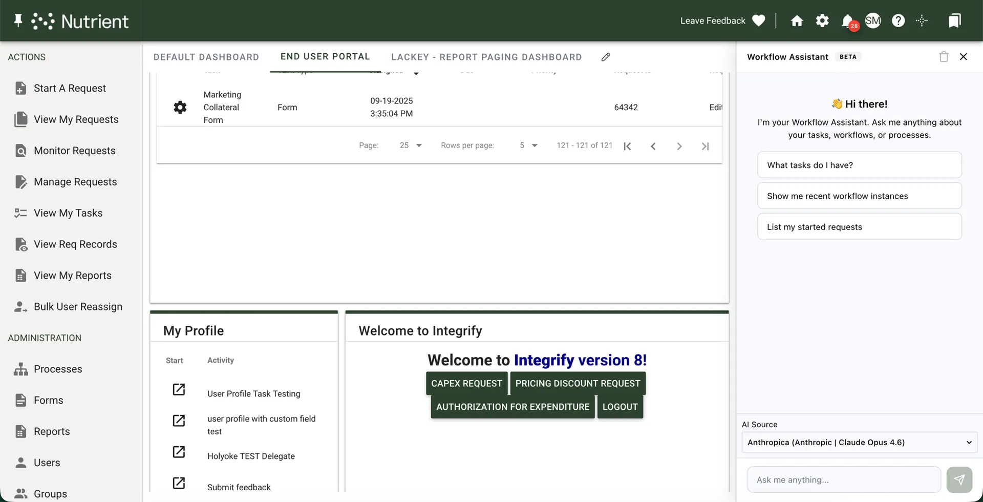Workflow Assistant chat sidebar showing the welcome message, starter prompts, and the AI Source picker at the bottom