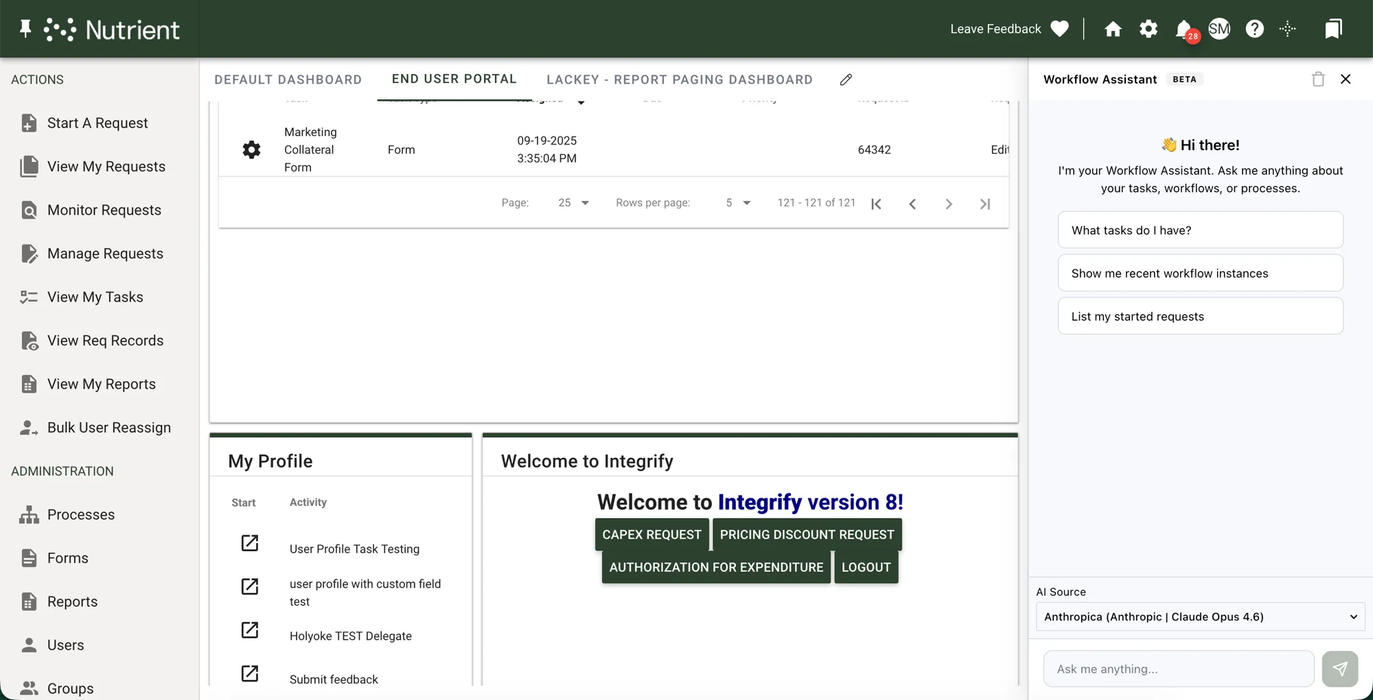 Workflow Assistant chat sidebar showing the welcome message, starter prompts, and the AI Source picker at the bottom