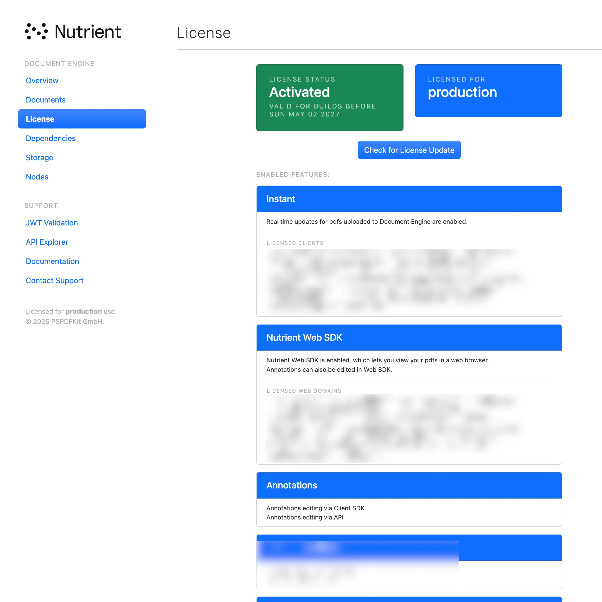 Document Engine dashboard license page