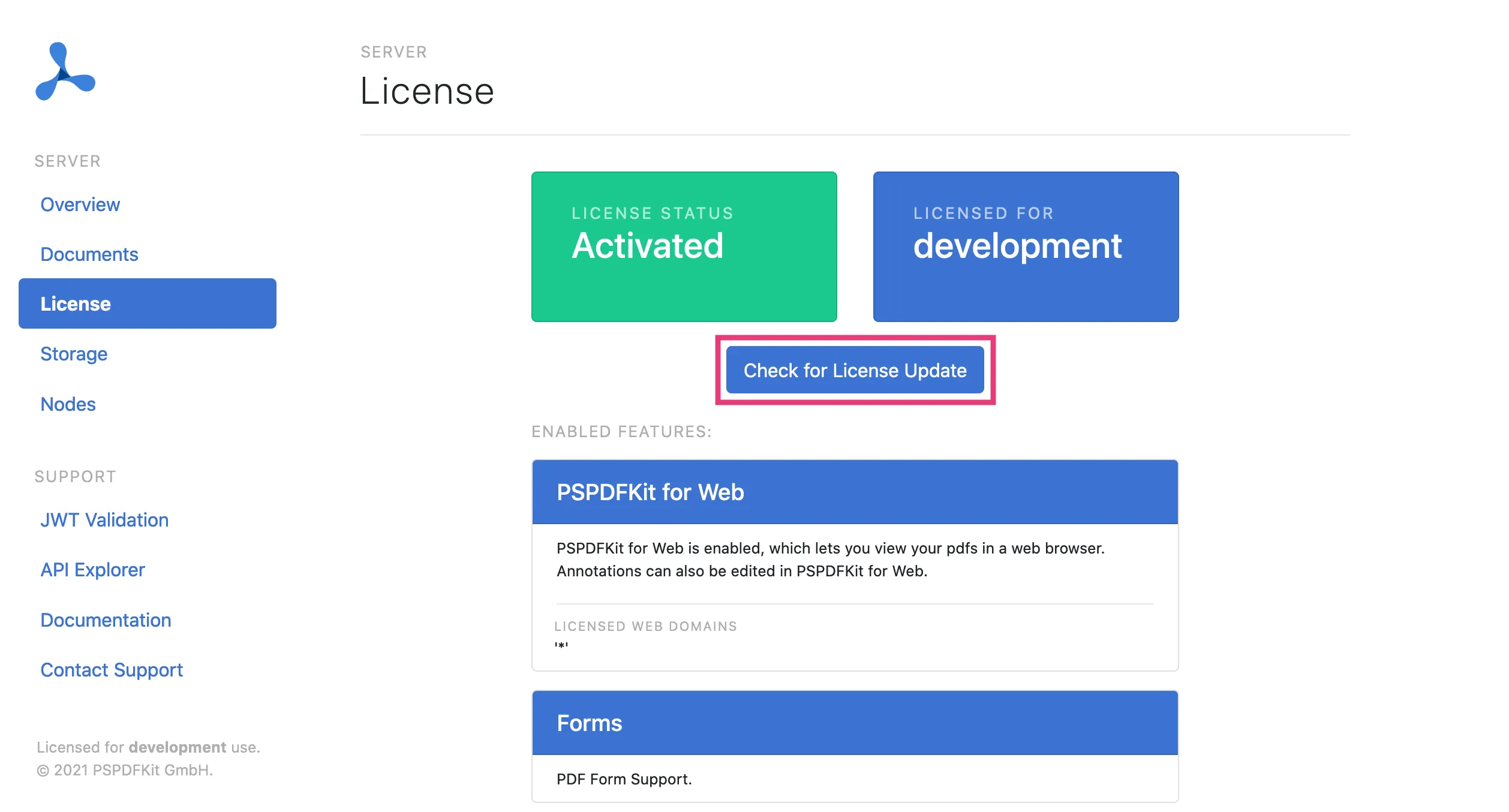 PSPDFKit Server dashboard license page