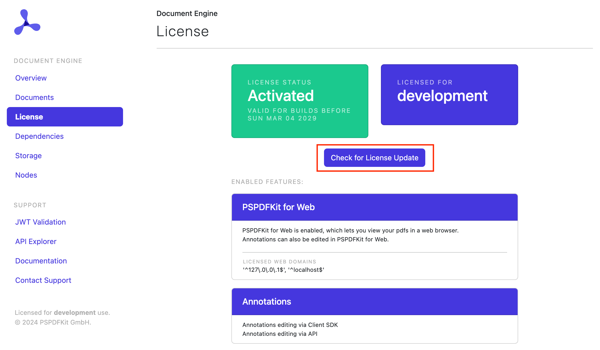 Document Engine dashboard license page